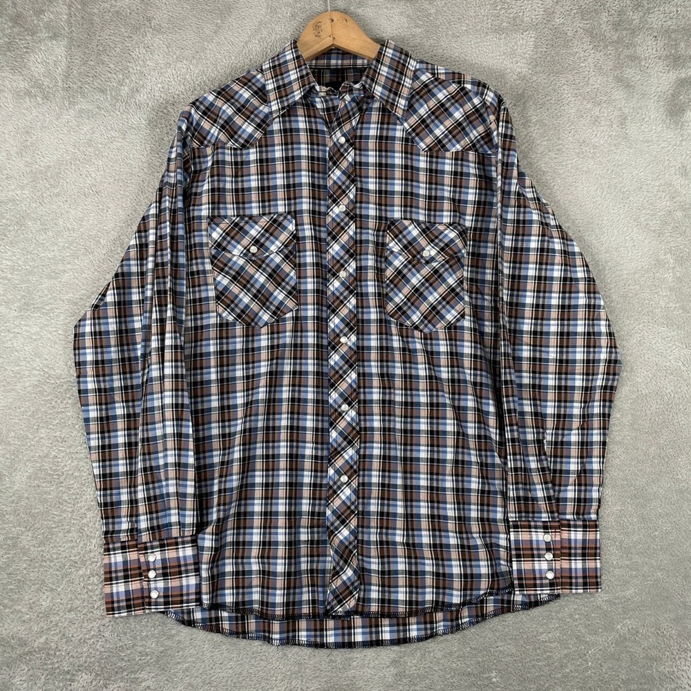 Wrangler Western Shirt Mens Large‎ Blue Brown Plaid Pearl Snap Cowboy Workwear